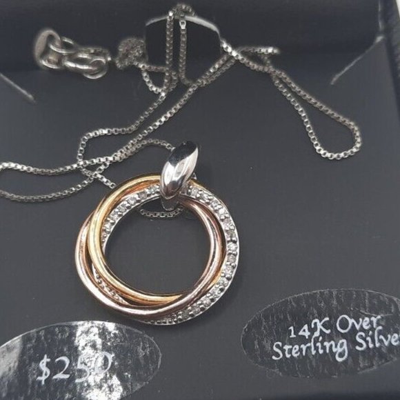 Estate Macy's Diamond Tri-Color 14K gold over/SS Circle Infinity Necklace - Picture 5 of 8